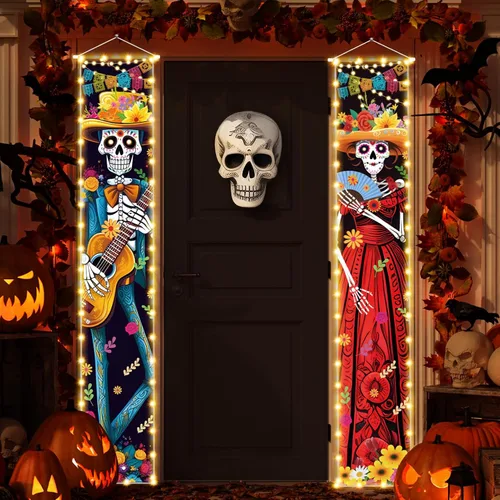 Decoraciones de Halloween Día de los Muertos con luz para porche, decoración de Halloween, Día de los Muertos de México, carteles de porche para