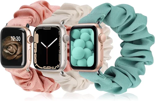 Miniatura 21 de TOYOUTHS - 3 paquetes compatibles con Apple Watch Band Scrunchies 1.496 in (38 mm) tela suave patrón impreso pulsera de tela para mujer iWatch