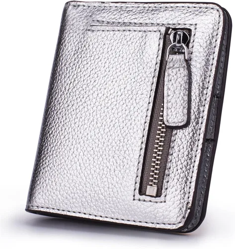 BIG SALE-AINIMOER billetera de bolsillo pequeña con cremallera, plegable, compacta de cuero con bloqueo por identificación por radiofrecuencia, para