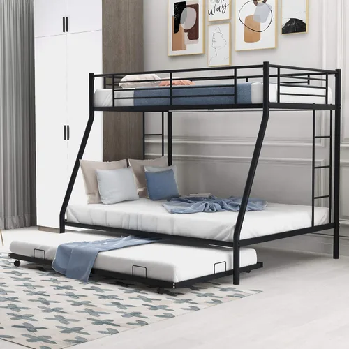KLMM Literas de metal de tamaño individual sobre matrimonial con 2 escaleras y cama nido para niños, adolescentes y adultos, (negro)