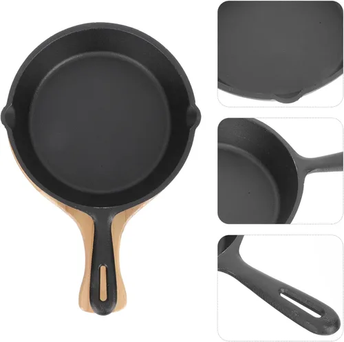 Miniatura 3 de Unomor Sartén antiadherente de hierro fundido grueso con base de madera, sartén de cocina doméstica para huevos, panqueques, distribución uniforme