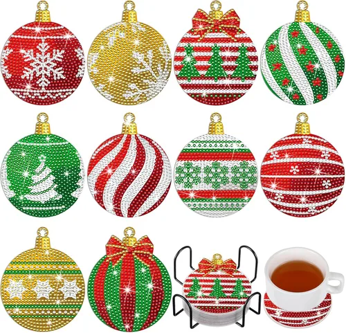 Miniatura 13 de 10 piezas de posavasos de arte de diamante con bola de Navidad DIY Posavasos de pintura de diamante rojo y verde con copo de nieve y alce de Navidad