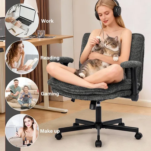 Miniatura 6 de Kassipo Silla de Oficina con Patas Entrecruzadas con Ruedas y Brazos Abatibles, Silla de Escritorio Tapizada con Diseño Entrecruzado, Sillas de Gris