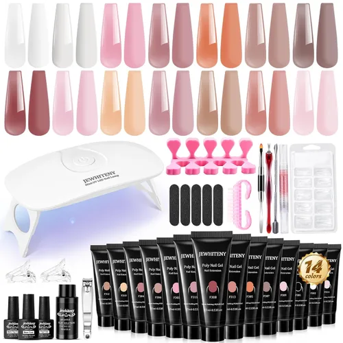 Miniatura 9 de JEWHITENY Kit de 14 piezas de gel de uñas poli, kit de gel de extensión poli, kit de iniciación con solución deslizante, juego de extensión