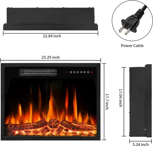 Miniatura 3 de Tornivk Inserto de chimenea eléctrica de 23 pulgadas, calentador de chimenea eléctrico empotrado de 750 W/1500 W con temporizador, llama ajustable