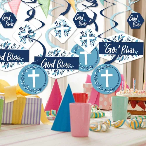 Miniatura 2 de Big Dot of Happiness Blue Elegant Cross - Decoración para colgar en fiestas religiosas para niños, remolinos de decoración de fiesta, juego de 40