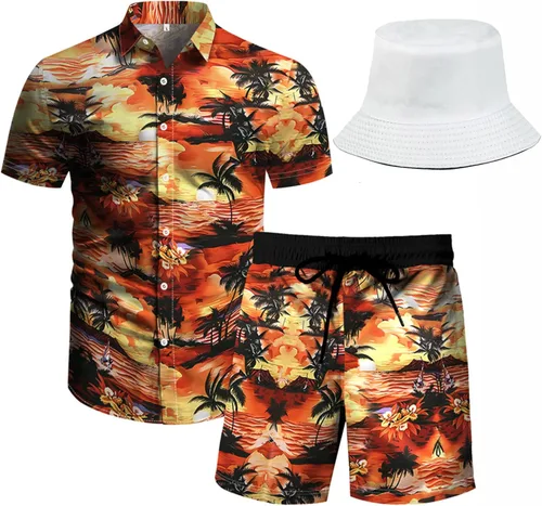 Miniatura 13 de RPOVIG Conjunto de playa a juego con camisas y pantalones cortos para hombre, ropa floral hawaiana para festival, conjuntos de 2 piezas con sombrero