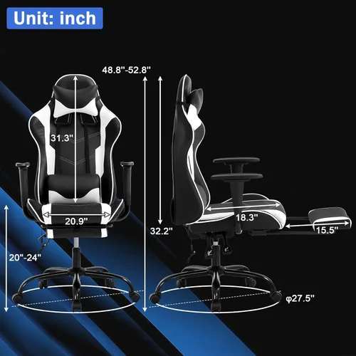 Miniatura 3 de Silla ergonómica para juegos de PC, silla de oficina de carreras, silla de videojuegos, función de masaje, soporte lumbar con reposabrazos Blanco