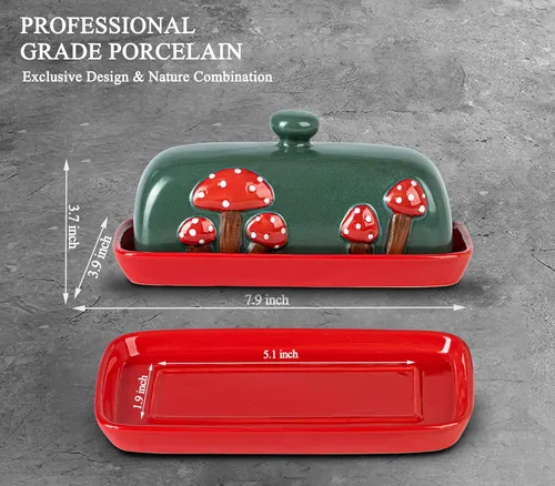 Miniatura 4 de Mantequera de Cerámica en Forma de Seta con Tapa para Encimera - Bandeja de Contenedor Rojo, Grande Cubierta