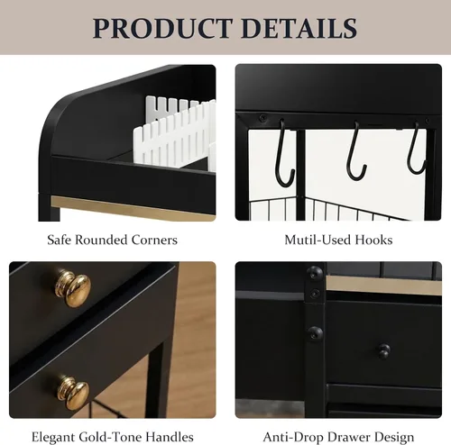 Miniatura 7 de Makeup Organizer Cart, Rolling Floor Skincare Organizer and Storage with 2 Wooden Drawers, Cosmetics Display Cases Holder for Skin Care Perfume Hair