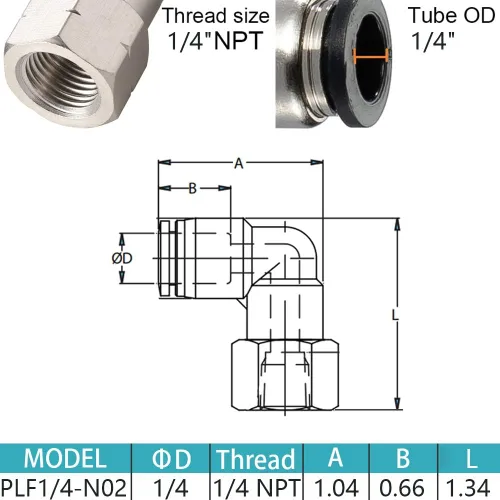 Miniatura 3 de 5 piezas de codo hembra neumático de 1/4 "tubo OD x 1/4" NPT rosca empujar para conectar accesorios de aire, 90 grados NPT hembra niquelado línea