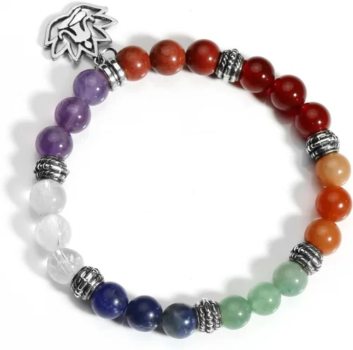 Miniatura 16 de Eigso Pulsera elástica de piedra de cristal de meditación curativa de 7 chakras para mujer con símbolo de loto, yoga, árbol, OM