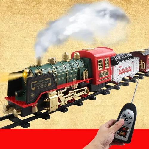 Miniatura 5 de Tren eléctrico de Navidad con control remoto con humo, luces, sonido, locomotora, automóviles y transporte remoto, recargable por USB, con pista