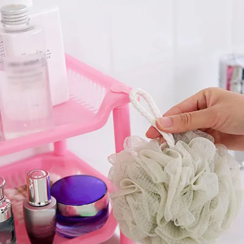 Miniatura 7 de Organizador de ducha de 3 niveles, estante esquinero de plástico rosa, estante de escritorio multifuncional hueco para escritorio, organizador