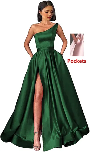 Miniatura 4 de GUKARLEED Vestidos de fiesta de un hombro para mujer vestidos largos de baile de satén con abertura alta fruncido formal vestidos de fiesta