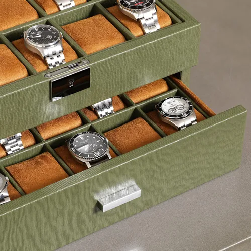 Miniatura 4 de ROTHWELL Caja de relojes de cuero de 20 ranuras - Estuche de exhibición organizador de joyas de lujo, - Estuche de exhibición con cerradura con tapa