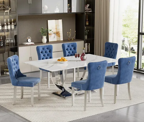 Miniatura 22 de HomVent Juego de mesa de comedor rectangular para 4, juego de mesa de cocina rectangular, juego de mesa de comedor de mármol sintético, juego