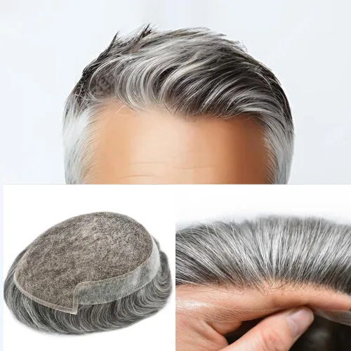 Miniatura 205 de Sistema de repuesto de cabello humano europeo con encaje frontal suizo para hombre, tupé para hombre, pieza de cabello, nudo blanqueado, línea #17