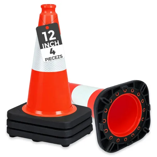 BESEA Paquete de 4 conos de tráfico rojos de 12 pulgadas con collar reflectante de 4 pulgadas, conos de seguridad de PVC resistentes con base de 8.5