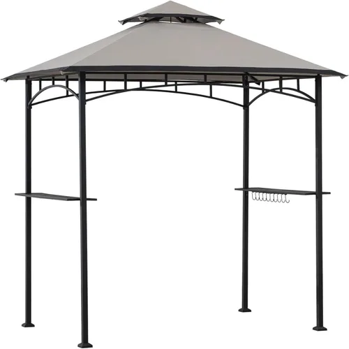 Miniatura 2 de SUNJOY Cenador de parrilla de 8 x 5 pies con techo de dosel de doble nivel, marco de acero negro para actividades al aire libre, patio, jardín