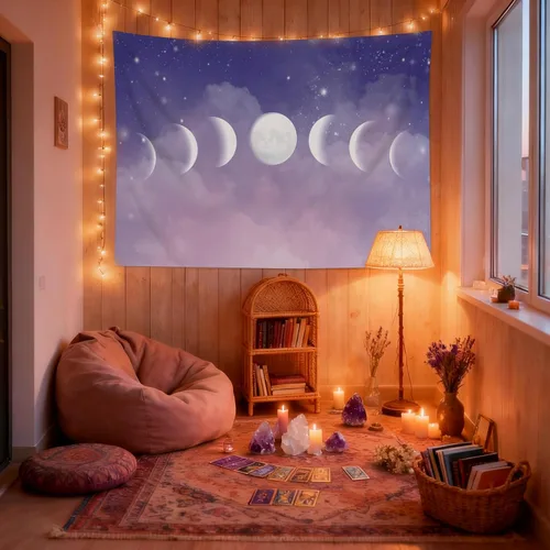 Miniatura 4 de HVEST Tapiz de fase lunar para colgar en la pared, cielo morado con nubes, estrellas, decoración de pared celestial, paisaje natural, decoración