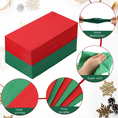 Miniatura 3 de Teling 100 servilletas de papel de Navidad desechables para cena de Navidad, servilletas de cóctel, toallas de mano rojas y verdes para el hogar