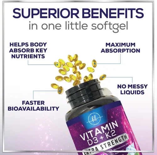 Miniatura 7 de Vitamina D con K2 (MK-7) – Vitamina D3 5000IU (125 mcg) por porción – Suplemento complejo D3K2 para huesos, dientes, músculos, absorción de calcio