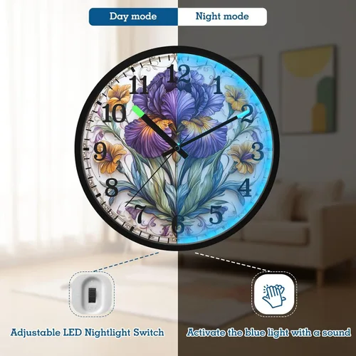Miniatura 5 de Luminous Voice-Activated Clocks Non-Ticking Silent Battery Operated Small Analog Clock Retro Iris Flower Pattern 12 Inch Decorative for Kitchen