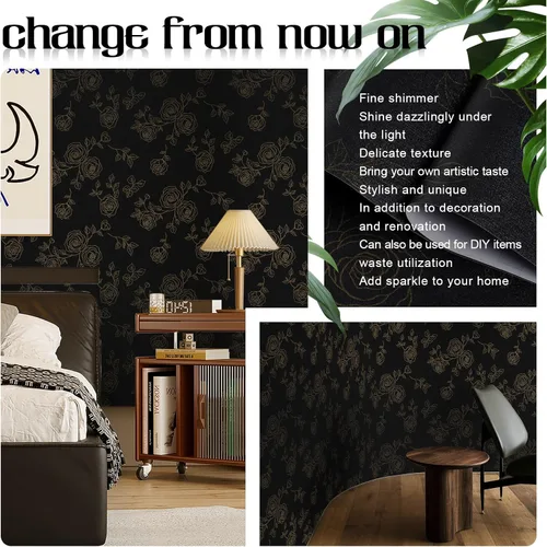 Miniatura 3 de CAX Nourilife - Papel tapiz floral para despegar y pegar, papel tapiz negro y dorado, papel de contacto extraíble para armarios de pared, flores