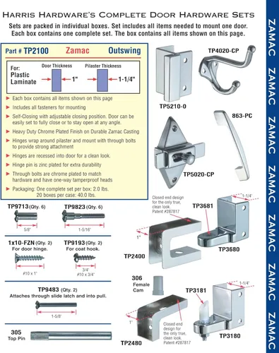 Miniatura 2 de Harris Hardware TP2100 Juego de herrajes completo para puerta corredera de partición de inodoro de zamac fundido a presión, puerta de 1 pulg.