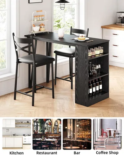 Miniatura 8 de Juego de mesa de bar y sillas Garvee, juego de mesa de bar de 3 piezas con extensión superior abatible y estantes de almacenamiento, juego de mesa