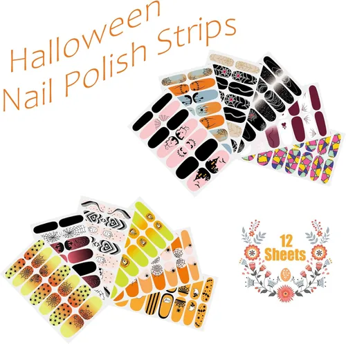 Miniatura 2 de 12 hojas de tiras de esmalte de uñas de Halloween con lima de uñas, telaraña, telarañas, envolturas de uñas para uñas cortas, calcomanías de uñas
