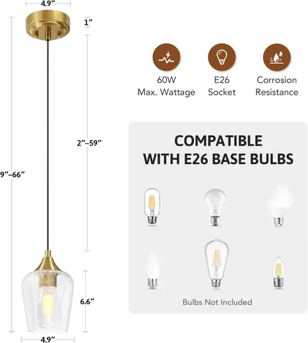 Miniatura 5 de VONLUCE Lámpara Colgante de Isla de Cocina, Lámpara Colgante de Oro Cepillado con Base E26 y Cable Ajustable, Iluminación Colgante Moderna con Dorado