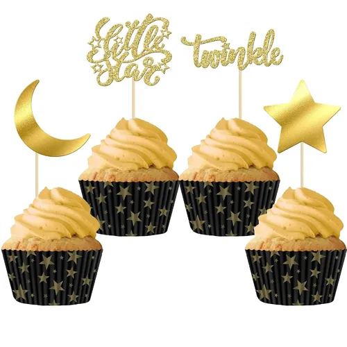 Miniatura 11 de Gyufise 24 piezas de decoración de cupcakes con purpurina de luna, nube, decoración de tartas de estrellas parpadeantes, baby shower, niños, Oro