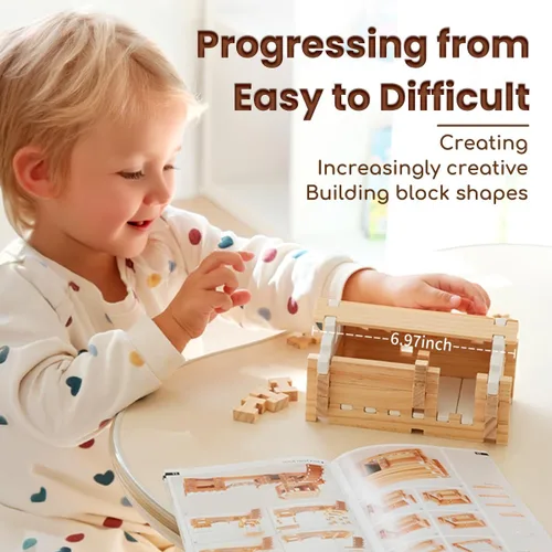 Miniatura 4 de Jovi-mindly &Notchies - Juego de 63 bloques de madera para principiantes, juguetes de aprendizaje preescolar, bloques de madera para niños a partir