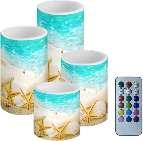 Miniatura 43 de Velas LED parpadeantes operadas por batería, juego de 4 con control remoto y temporizador, velas de llama danzante, velas de pilar para mesa, Playa