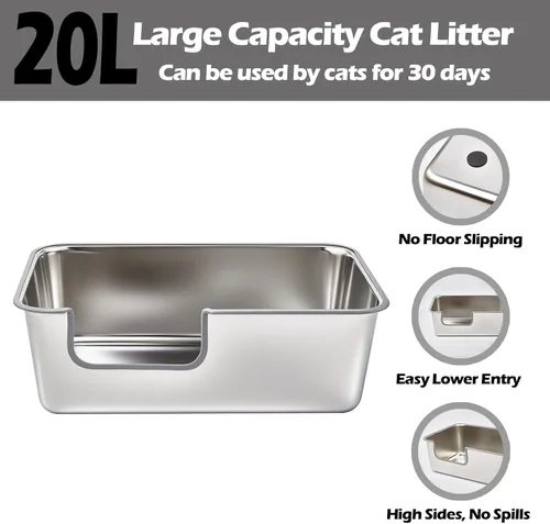 Miniatura 3 de Caja de arena para gatos TownTime de acero inoxidable, bandeja de arena mental extra grande XL Jumbo con lados altos y tapa, entrada baja para gatos