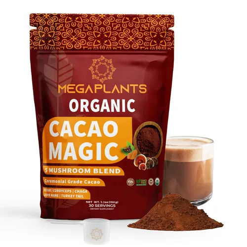 MegaPlants Cacao Magic (50 porciones) | Mezcla de superalimento de 5 hongos | Melena de león, Reishi, Chaga, Cordyceps, Cola de Pavo | Batido,