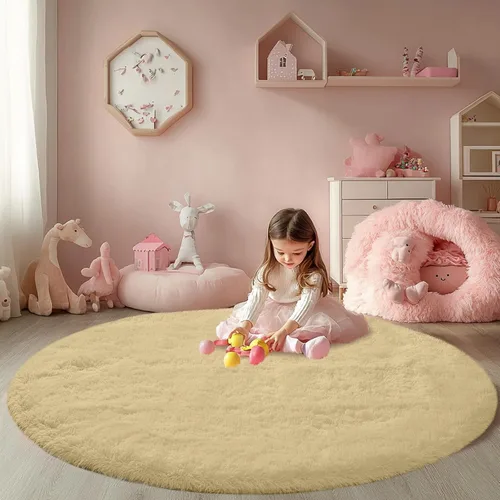 Alfombra redonda beige para dormitorio: alfombra suave y esponjosa de 4 x 4 pies para sala de estar, alfombra redonda de felpa peluda para