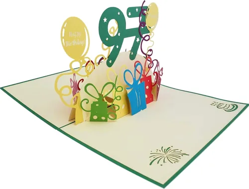 Miniatura 6 de iGifts And Cards Tarjeta desplegable 3D de cumpleaños 97, regalos coloridos y celebración de hitos de globos, saludo sincero para personas mayores