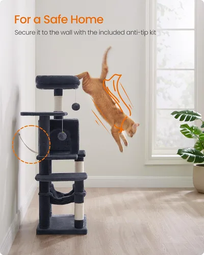 Miniatura 9 de Feandrea - Árbol para gatos de varios niveles para interiores, torre para gatos tipo condominio con 4 postes para rascar, 2 posaderos, hamaca y Gris
