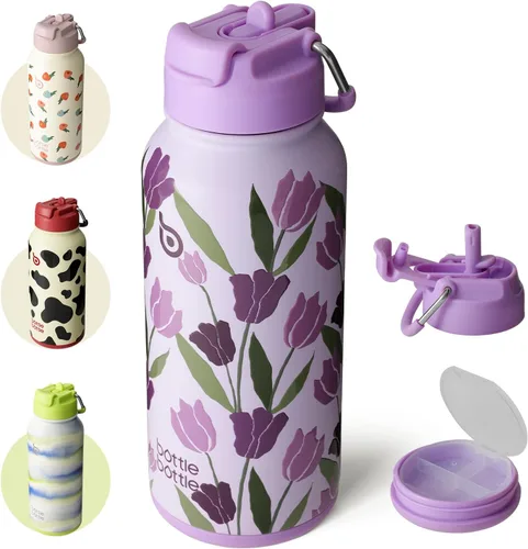Miniatura 11 de BOTTLE BOTTLE Botella de agua deportiva de acero inoxidable de 32oz con aislamiento, botella de agua con pajita con diseño de tapa de doble uso