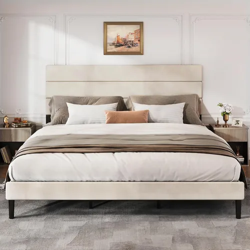Miniatura 16 de WLIVE Base de cama tapizada, marcos de cama individual con cabecero, cama de plataforma con listones de madera, base de colchón de 600 libras,