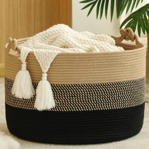 Miniatura 15 de KAKAMAY Cesta grande para manta (20 x 13 pulgadas), cestas tejidas para almacenamiento de ropa sucia de bebé, canasta de manta de cuerda de algodón