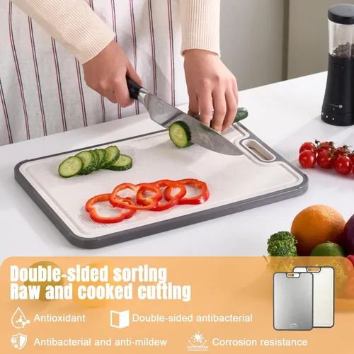 Miniatura 6 de Tabla de cortar de titanio de doble cara con paja de trigo PP lado para cocina, tabla de cortar antideslizante compacta mediana 15.2 x 10.5 pulgadas