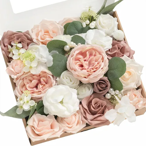 Miniatura 19 de Ling's moment Caja de Flores Falsas, Tallos de Vegetación Artificial Falsa, Rosas de Espuma, Gardenias, Hortensias de Seda, Ranúnculos, Flor de Tela