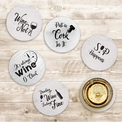 Miniatura 2 de Posavasos para bebidas absorbentes con soporte, juego de regalo de 6 piezas con 6 frases divertidas para amantes del vino, piedra de cerámica