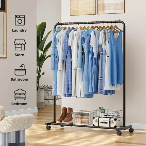 Miniatura 3 de Simple Trending - Perchero de ropa estándar con estantes de almacenamiento, organizador de ropa rodante sobre ruedas para colgar ropa, Negro