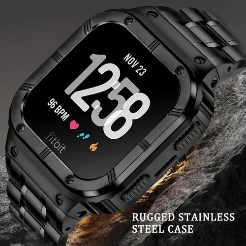 Miniatura 2 de BAITEYOU Correa de reloj de acero inoxidable con funda compatible con Fitbit Versa/Fitbit Sense Bands, pulseras de metal protectoras resistentes