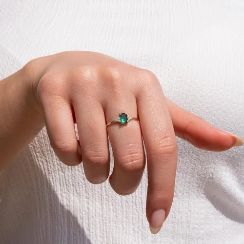 Miniatura 3 de Anillo de esmeralda de oro de 14 quilates Anillo de esmeralda y diamantes de oro macizo de 14 quilates para mujer Anillos apilables Anillo